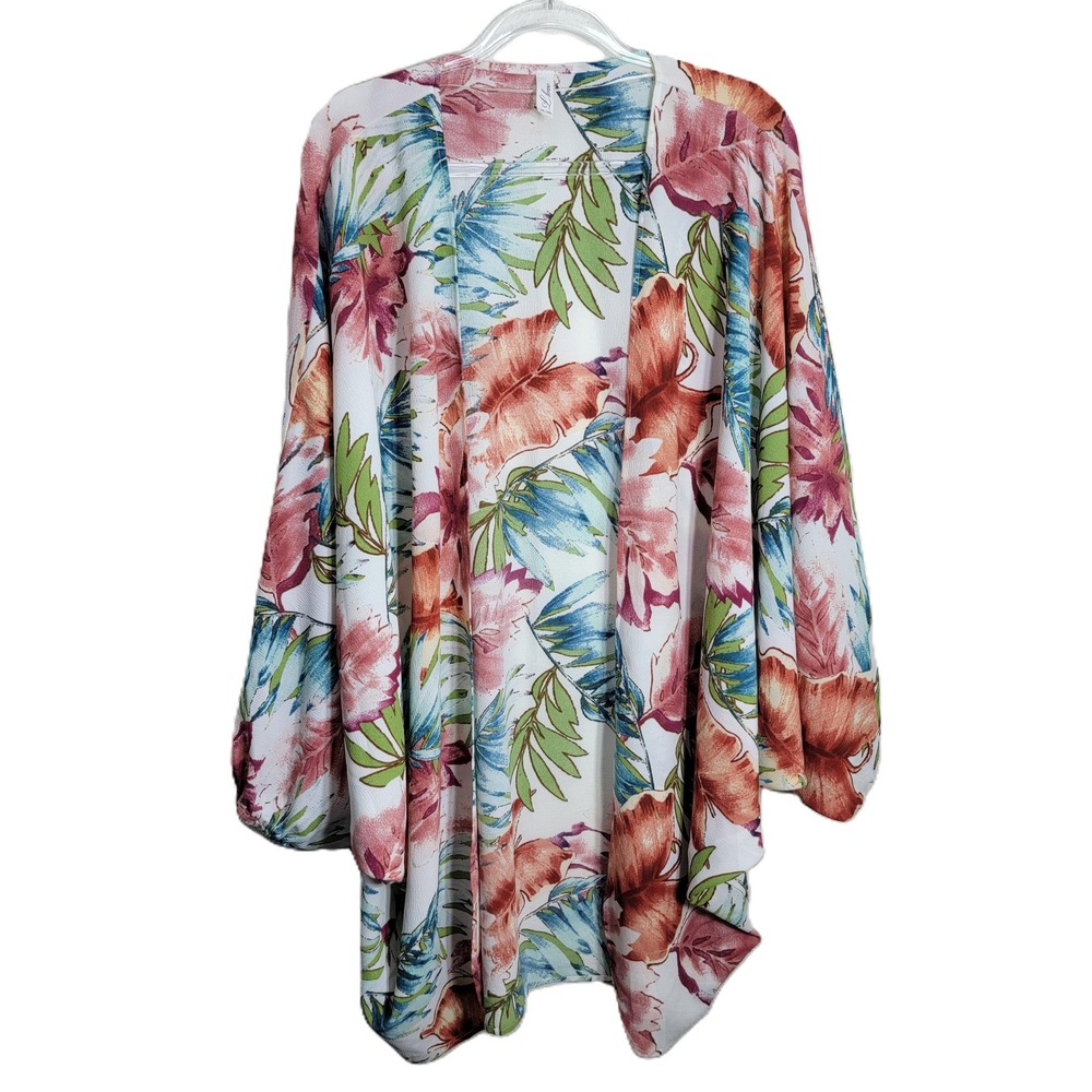 L Love Womens Floral Tropical Kimono‎ Cardigan Open Front Pink Blue 1XL 2XL